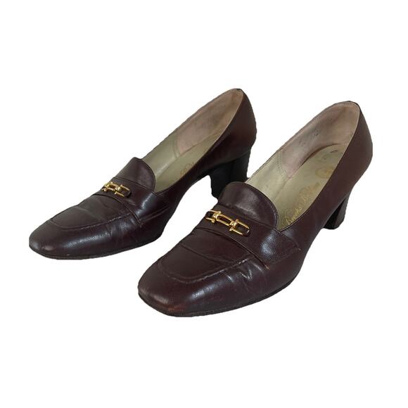 VTG Brooks Brothers Heeled Loafers Gold Horsebit Accent Brown Leather Sz 8 - Picture 1 of 14